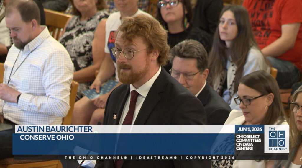 Austin Baurichter testifies before the Select Committee on Data Centers on June 1 in Columbus, Ohio, asking lawmakers to listen to concerns about out-of-control development. Credit: The Ohio Channel