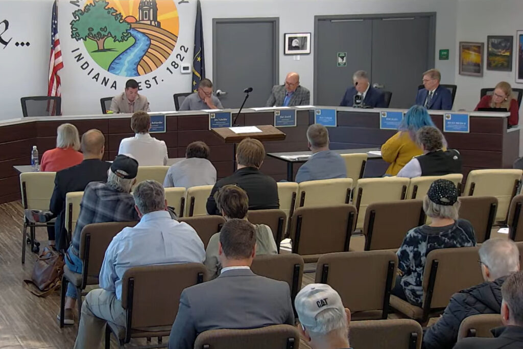 The Montgomery County Board of Commissioners discuss a proposed utility-scale solar project, shortly before voting 3-0 to reject the plan. Credit: Montgomery County, Indiana livestream