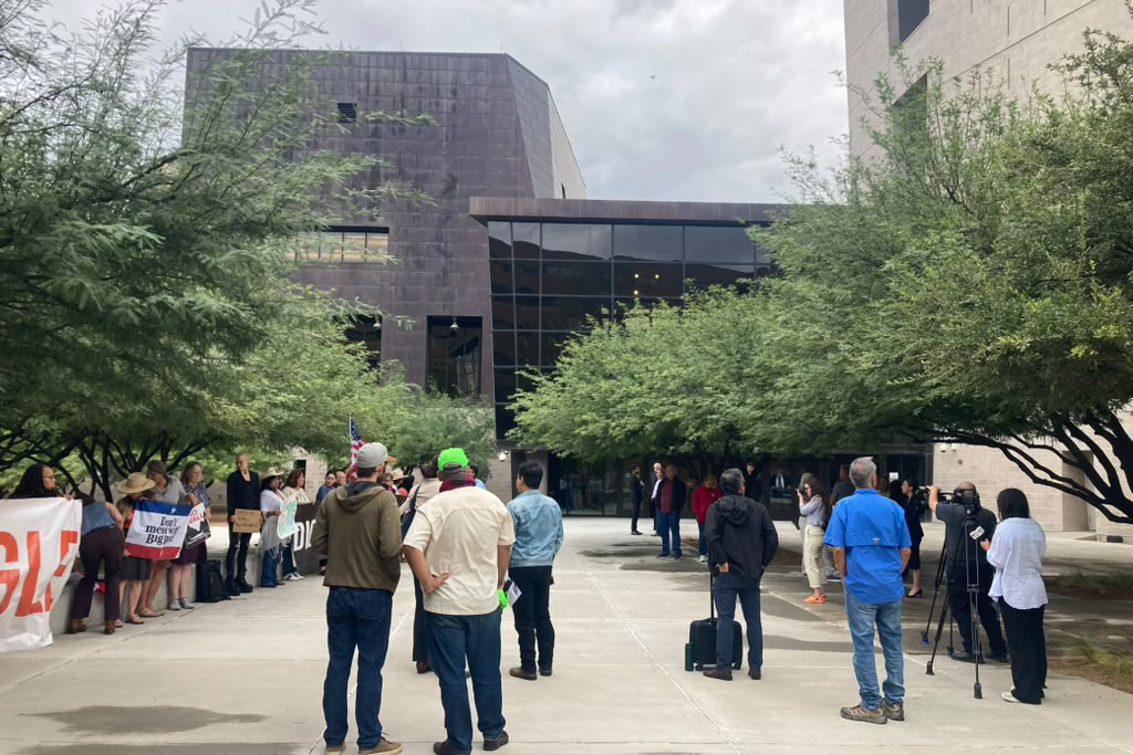 People opposed to a border wall in Big Bend gather outside the federal courthouse in El Paso on Friday. Credit: Martha Pskowski/Inside Climate News