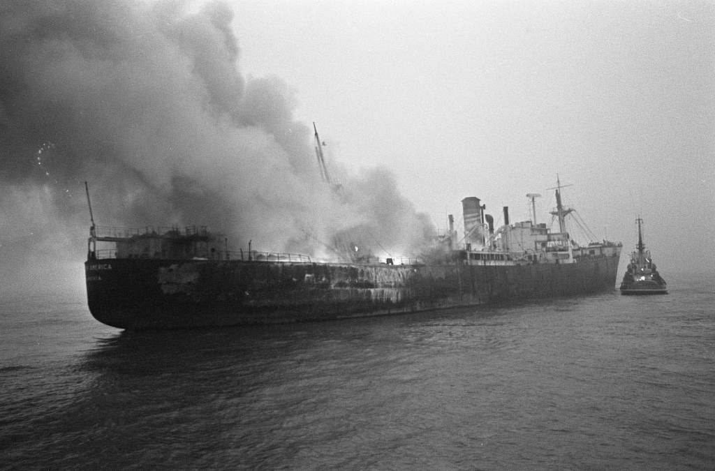 A fire rages on the SS South America in Rotterdam in 1966. Credit: Sepia Times, NY Daily News, Evers, Joost/Anefo