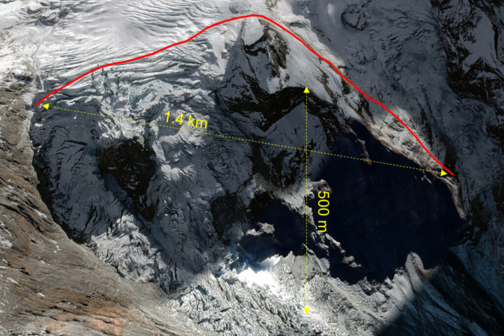 A satellite image of the northern slope of Tsangbu Ri on July 1 with the red line approximating the edge of the portion of the mountainside that collapsed on Aug. 26. Credit: Airbus/CNES/GoogleEarth. Figure by G. Hetényi, U. Lausanne